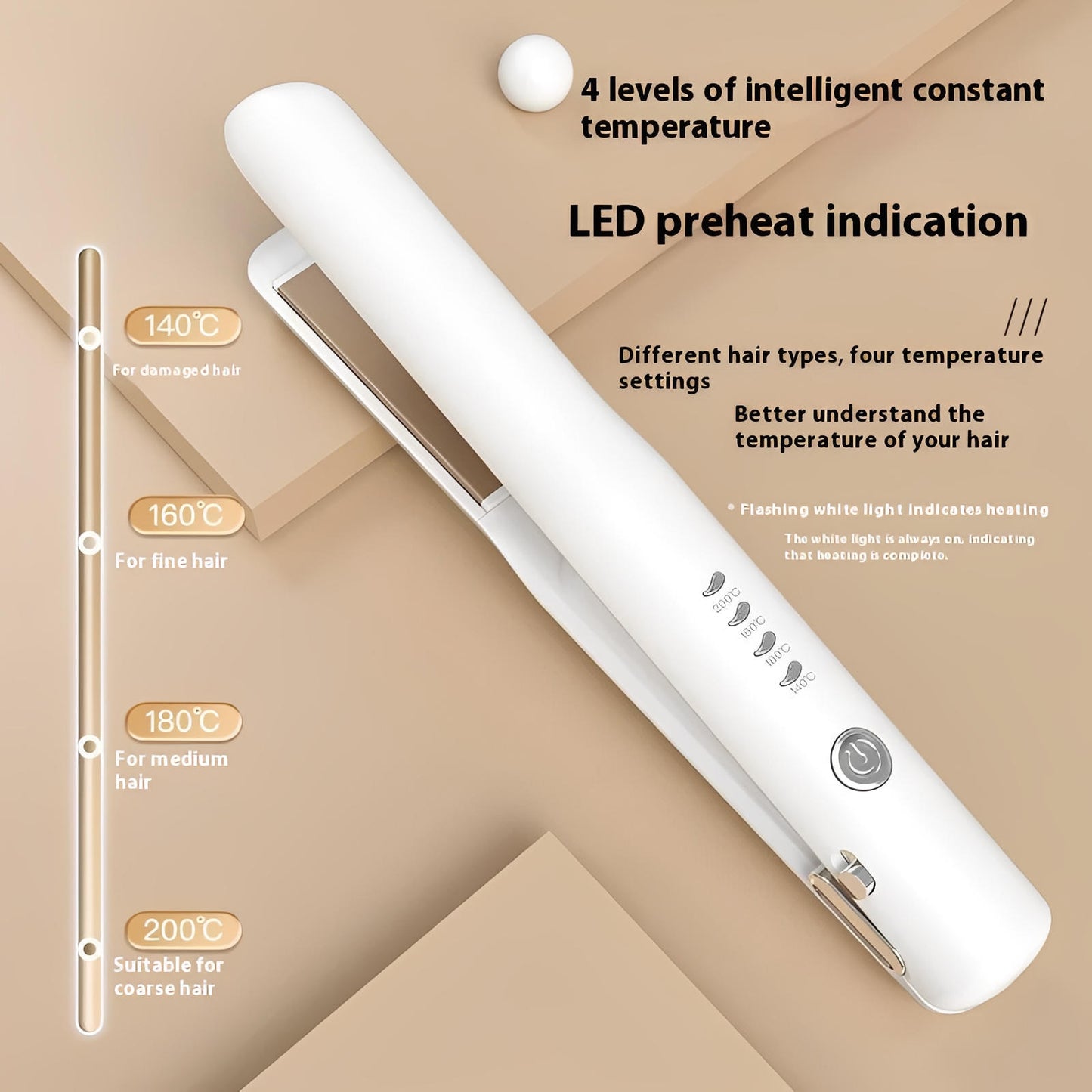 White Portable Wireless Hair Straightener with Adjustable Temperature